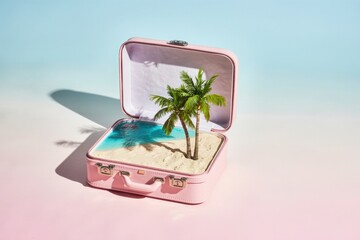 Pink travel suitcase with tropical beach and palm tree print on pastel pink background. Concept of summer vacation, creative travel and tourism