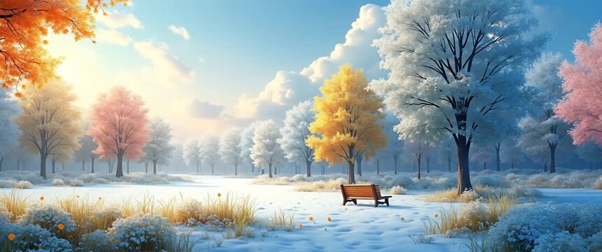 Snow-covered park with colorful autumn trees gently swaying in the breeze, a lone bench in focus; cinematic slow pan reveals serene landscape, ideal for seasonal stock footage.
