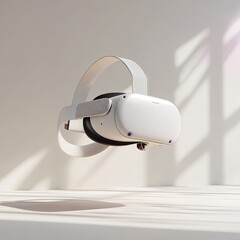 Futuristic VR headset with sleek design suspended in a minimalist studio setup, bathed in soft light and shadows