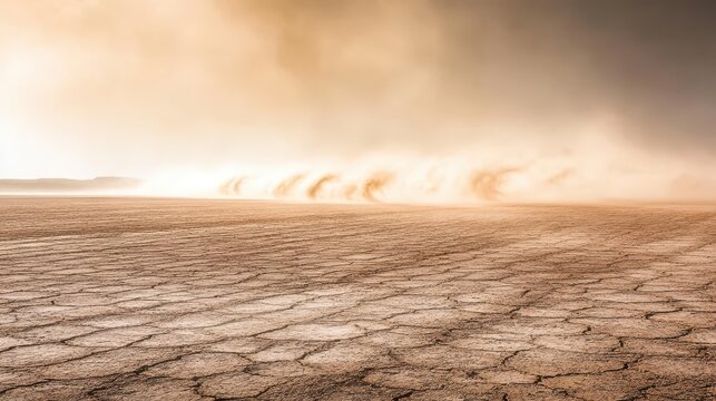 Dust devils dance across a vast dry cracked earth landscape under a hazy dusty sky