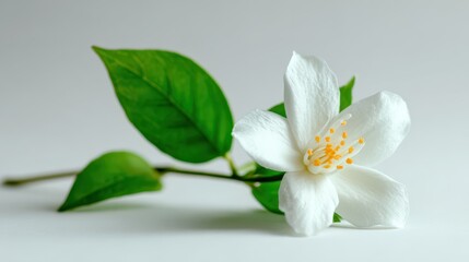 Fototapeta premium Single jasmine flower with greenery on a clean background for product photography