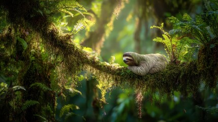 Obraz premium Slow-moving sloth amid lush tropical jungle in Panama