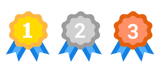 1st 2nd 3rd Place Medals with Red Ribbons. Vector Illustration for Sports Awards, Quizzes, and Education Apps