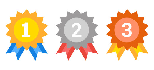 1st 2nd 3rd Place Medals with Red Ribbons. Vector Illustration for Sports Awards, Quizzes, and Education Apps