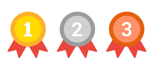 1st 2nd 3rd Place Medals with Red Ribbons. Vector Illustration for Sports Awards, Quizzes, and Education Apps