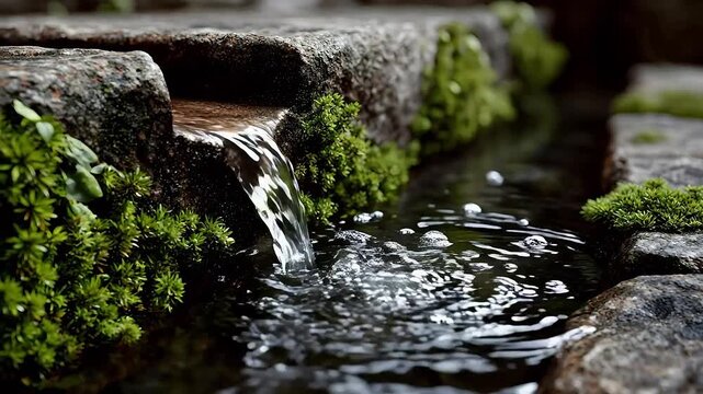 Close-up view captures clear water flowing through a grey stone gutter or channel, showing wet stone textures and moss in cracks for a zen effect.