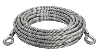 Durable coiled steel wire rope with galvanized thimble eyes for heavy lifting purposes on transparent background