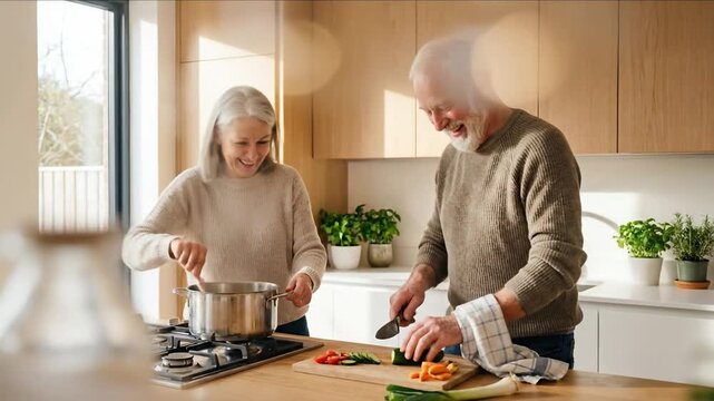 Senior couple cooking healthy meal together in sunny modern kitchen. High quality 4k footage