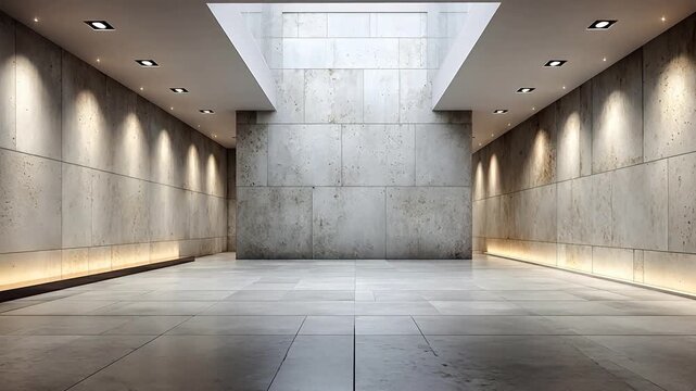 Empty modern interior room features a light grey tiled floor, textured limestone wall, and soft recessed ceiling lighting in a minimalist design.