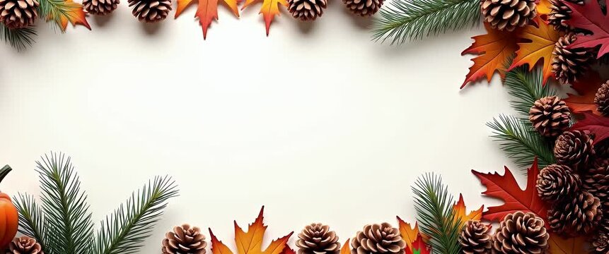 Autumn leaves and pinecones gently sway around a pumpkin on a pristine white background, with a slow pan enhancing the vibrant, seasonal colors in this cinematic fall-themed scene.