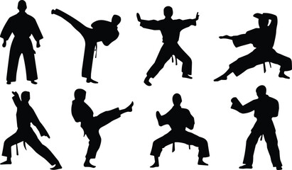 Set of martial arts silhouettes featuring karate fighters in various combat poses including high kicks blocks and traditional kata stances vector © Shihab Creative