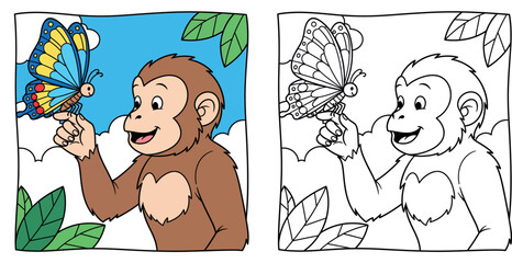 Cute cartoon monkey holding beautiful butterfly on finger. Happy ape character looking at insect in nature vector illustration. Adorable animal friend concept for kids. © MstSangita