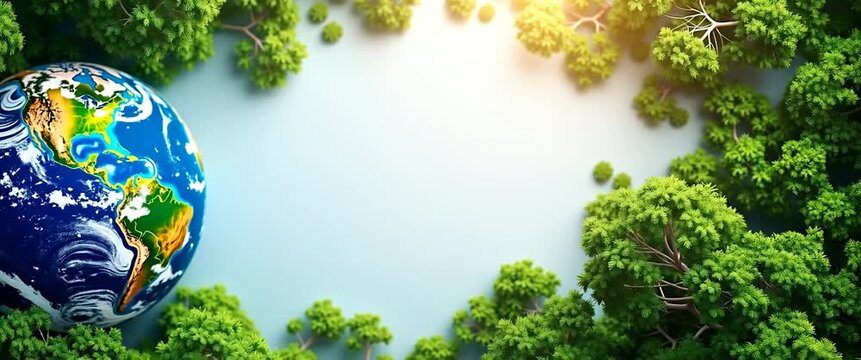Cinematic aerial view as the Earth slowly rotates amidst a vibrant canopy of swaying trees, with a gentle sun flare enhancing the scene, captured in a smooth upward pan.