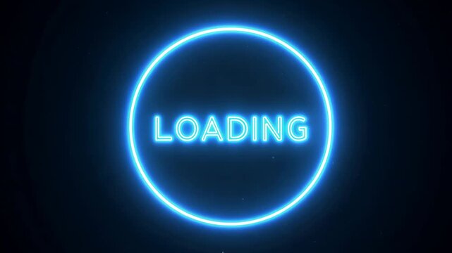 Glowing blue loading text inside neon circle on dark background symbolizing progress and digital process