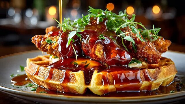 Gourmet plating of crispy fried chicken stacked on fluffy Belgian waffles with maple syrup dripping down sides, garnished with fresh green herbs.