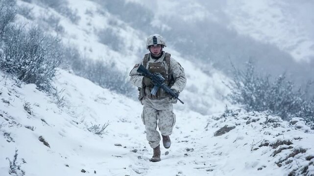 Soldier in camouflage uniform with rifle walking through snowy mountain terrain during winter military patrol
