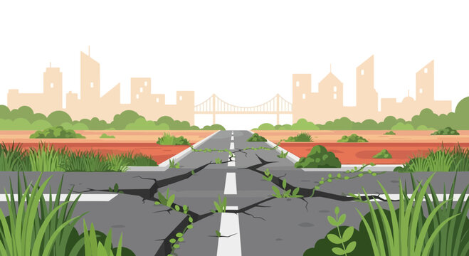Cracked Road Leading to Cityscape After Earthquake.