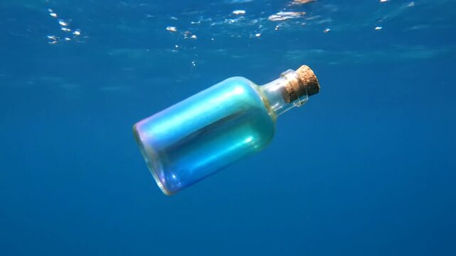 A glass bottle with a cork stopper floating underwater in the ocean.