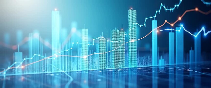 Dynamic financial growth chart animation with futuristic cityscape overlay, featuring gentle light flickers and a slow camera pan, showcasing investment trends in a modern cinematic style.