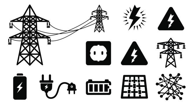 Electrical power symbols and icons representing energy and high voltage