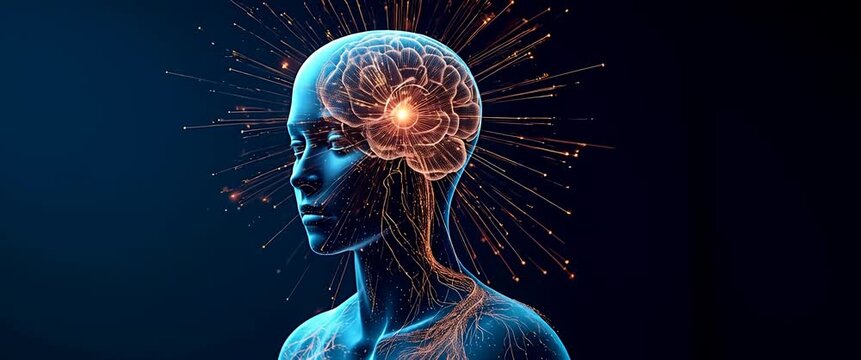 Innovative digital brain concept with neural connections glowing, as camera pans slowly across a futuristic, cinematic scene; ambient light flickers subtly in a dark blue background.