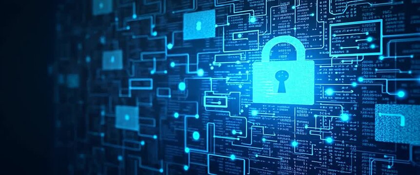 Digital padlock icon on a glowing blue circuit board background in a cinematic style, with gentle flickering lights and a slow panning camera, symbolizing cybersecurity and data protection.