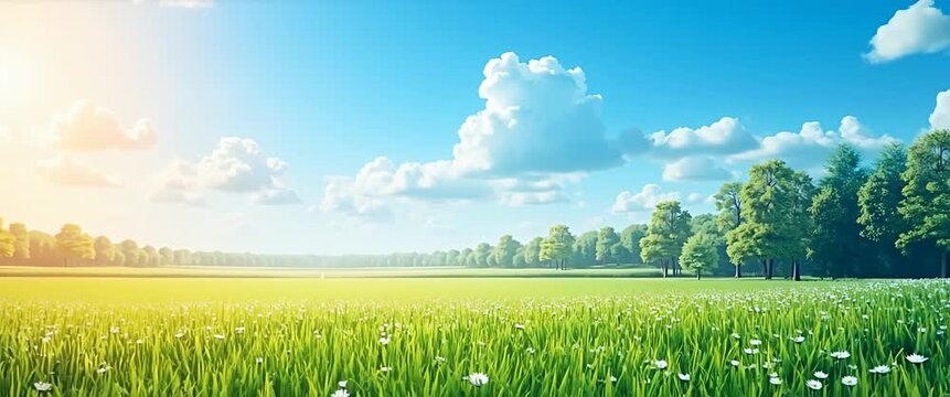 Sunny meadow with blooming wildflowers sways gently in the breeze, while the camera slowly pans across the serene landscape under a vivid blue sky; cinematic, peaceful ambiance.