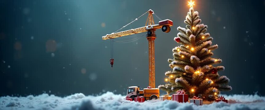Festive crane and illuminated Christmas tree amidst gently falling snow, with camera smoothly panning through the serene, cinematic holiday scene, creating a warm, magical atmosphere.