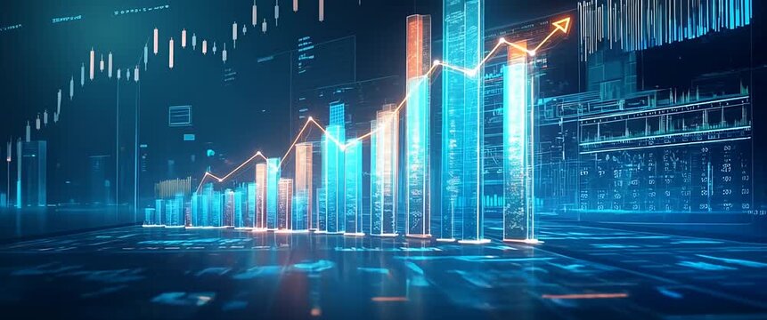 Dynamic bar graphs rise in a futuristic digital space, with a steady camera pan revealing fluctuating stock market data in a cinematic, tech-inspired ambiance.