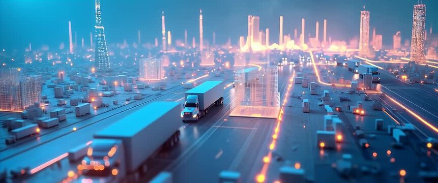 Futuristic trucks glide seamlessly through a digital cityscape, as the camera smoothly pans across a glowing network of roads and structures in this cinematic transportation technology video.