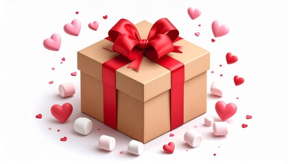 Beautiful gift box with red bow and hearts for Valentine's Day