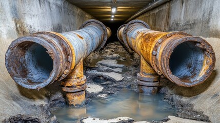 Fototapeta premium Large industrial metal pipes with significant rust and some fractures leaking murky water within a dimly lit underground tunnel