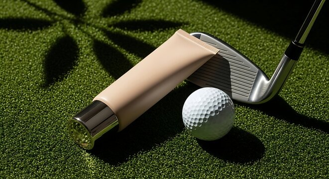 Beige cream tube, golf ball, and club on green grass. Sun protection for golfers. Skincare and sport concept for advertisement.