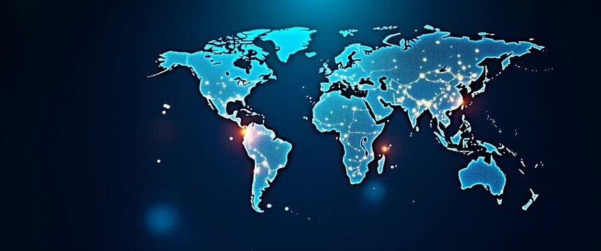 Cinematic world map with glowing lights pulses gently, as the camera pans slowly over a digital network background, creating a dynamic, technology-focused atmosphere.