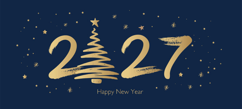 Happy New Year 2027 Greeting Card with Golden Brush Strokes	
