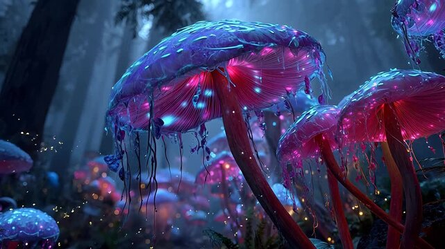 Magical fantasy forest floor displays giant bioluminescent mushrooms glowing pink and blue amidst ethereal fog in a dark enchanted woods setting.