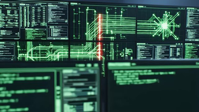Finger pressing confirm vote on digital screen followed by multiple monitors displaying cyber security code and hacking alerts