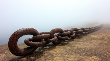 Obraz premium Massive rusty anchor chain links lie on a textured surface in a foggy outdoor environment