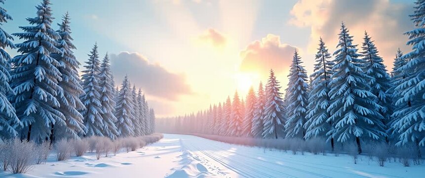 Serene winter landscape at sunrise, with snow-laden trees gently swaying, as the camera slowly pans across the tranquil scene, capturing the cinematic beauty of nature's quiet elegance.