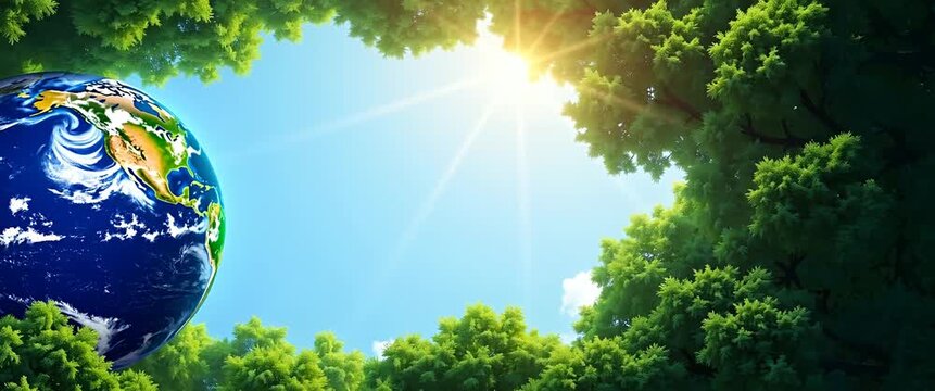 Earth slowly rotates beneath a sunlit canopy of lush green trees, with gentle leaves swaying in a cinematic, environmental panorama; camera pans smoothly across the vivid sky.