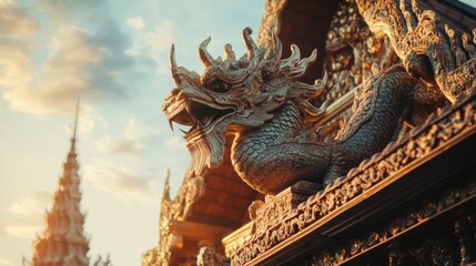 Fototapeta premium Majestic Temple Roofs: Dragon Sculptures bathed in Golden Sunset Light
