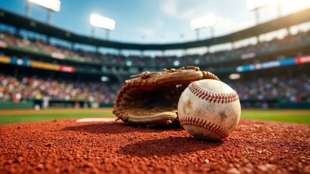 Close Up of a Baseball and Glove on the Pitcher's Mound in a Vibrant Stadium Setting