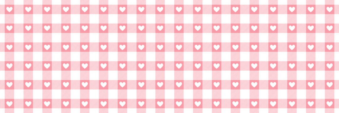 Pastel pink heart gingham plaid cute retro seamless pattern vector banner background
