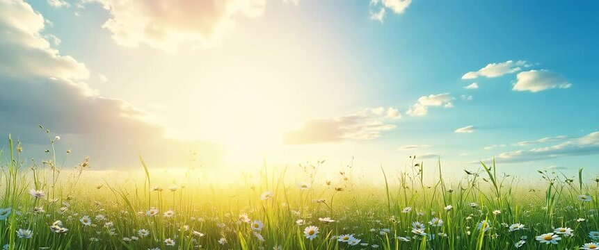 Sunrise over a tranquil meadow with wildflowers gently swaying; cinematic slow pan capturing golden light and drifting clouds in an idyllic, serene landscape.