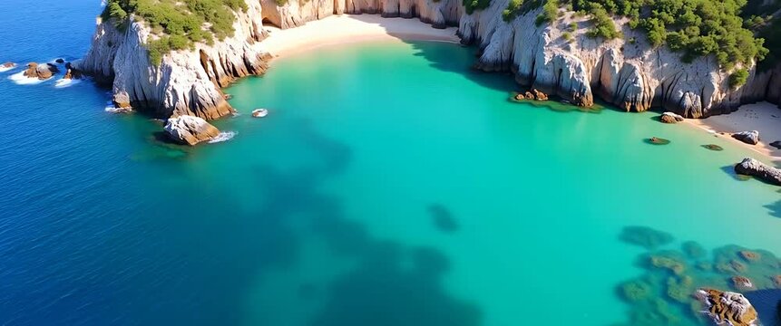 Aerial view of tranquil turquoise cove with gentle waves lapping against rocky cliffs, camera smoothly gliding overhead in a cinematic style, ideal for travel and nature projects.