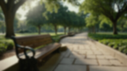 Fototapeta premium Blurred background of City park bench area with pathways and greenery, detailed stone and wood textures, public park background, morning, natural sunlight.