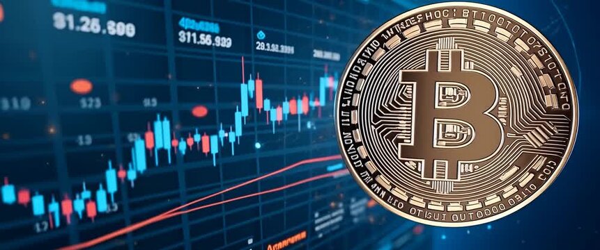 Bitcoin symbol rotates slowly against a dynamic digital stock chart backdrop, with the camera executing a slow pan to emphasize the futuristic, cinematic feel of cryptocurrency volatility.