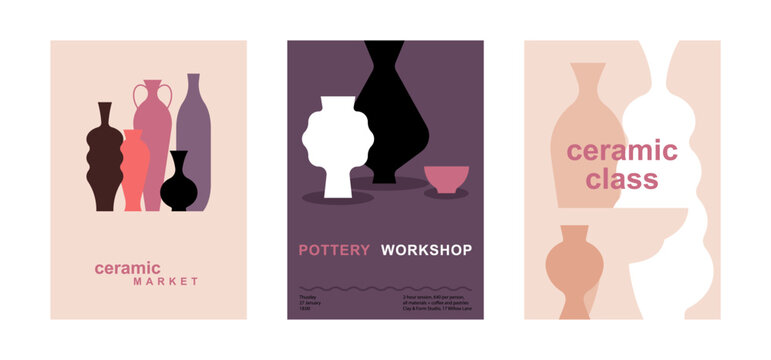 Ceramic posters set with pottery vases. Craft market, pottery workshop and ceramic class cards. Minimalist vector illustration