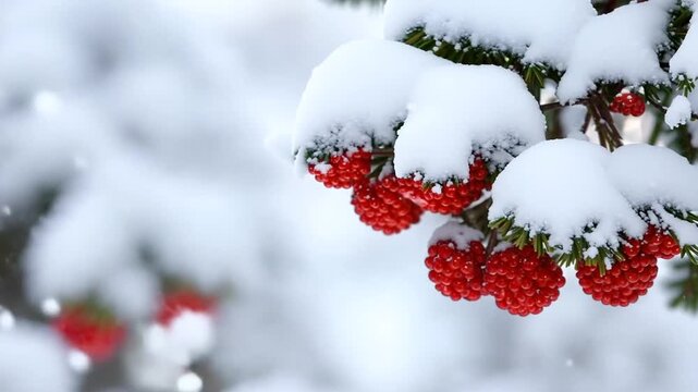A close-up view of vibrant red winter berries encased in heavy snow on a coniferous branch as soft snowflakes continually fall in a serene, white winter landscape.
