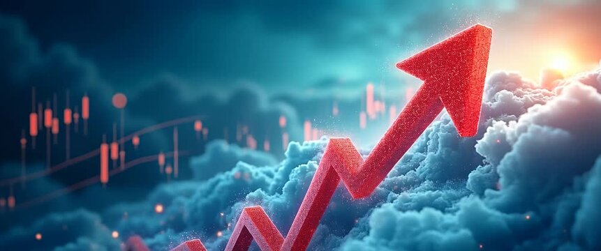 Cinematic stock market growth animation with a red arrow ascending through clouds, as the camera smoothly pans across a digital chart; glowing data points flicker in ambient motion.